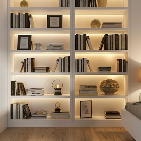 bedroom_Photorealistic_detail-focused_image_of_white 3 Home Office With White Bookshelves, White Book Shelves Living Room, Bedroom Inspirations Bookshelves, Room Ideas Bookshelves, Built In Bookshelves Bedroom, Office Book Shelves, Book Shelves Ideas, Bookcase In Bedroom, Book Shelves In Bedroom