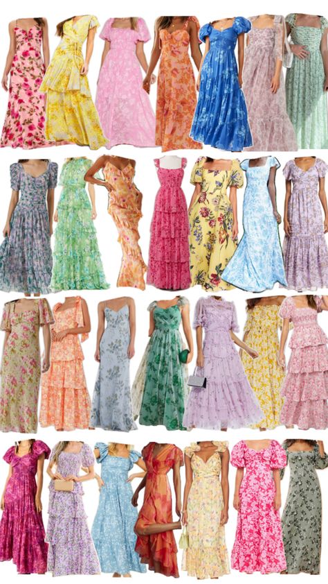 Bridesmaids Dresses- Mismatched Colorful Floral Inspiration- bridesmaid dress lineup inspiration with multicolor floral dresses, garden party wedding, wildflower wedding Floral Bridesmaid Dresses Mismatched, Whimsical Bridesmaids Dresses, Floral Themed Wedding, Multicolor Floral Dress, Wedding Theme Color Schemes, Wedding Themes Spring, Floral Bridesmaid Dresses, Bridal Shower Outfit, Mismatched Bridesmaids