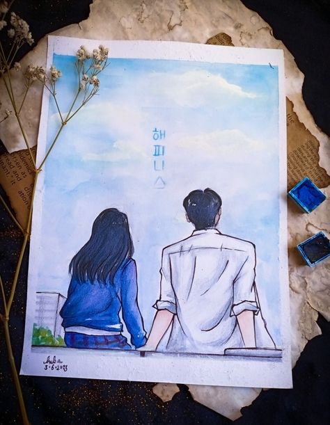 Drawing Of Happiness, Cute Drawing Watercolor, Art Sketches Watercolor Easy, Illustration Art Of Couples, Cool Art Drawings Pencil, Happiness Kdrama Drawing, Happiness Kdrama Fanart, Aesthetic Watercolor Drawing, Kdrama Drawing Easy