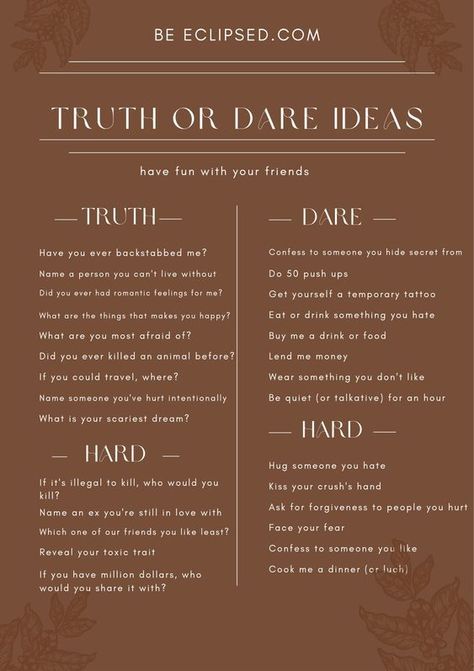 T Or D Questions Over Text, T Or D Questions, Truth Or Dare Ideas, Dare Ideas, Funny Truth Or Dare, Good Truth Or Dares, Fun Dares, Truth Or Dare Games, Fun Sleepover Games