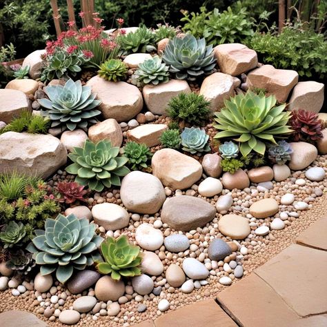 Pebble Bed Landscape, Landscaping With Succulents Front Yards, Succulents Rock Garden, Suculentas Ideas Outdoors, Rotstuin Ideas, Rock Succulent Garden, Rock Flower Beds In Front Of House, Succulent Rock Garden Landscaping, Rockery Garden Ideas