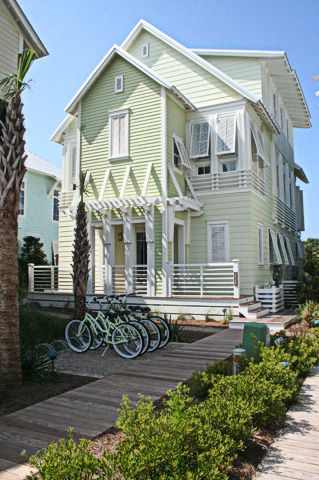 Pale green beach house in WaterColor on the Gulf of Mexico designed by Christ & Associates Architects. Beach House Exterior, Mexico Design, Dream Beach Houses, Green Beach, Summer Living, Beach Cottage Style, Beach Living, Coastal Cottage, Gulf Of Mexico