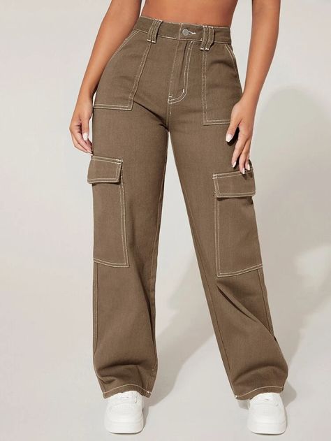 SHEIN PETITE Jeans cargo de talle alto con bolsillo con solapa | SHEIN USA Cargo Pants Outfit Teen Girl, Light Brown Cargo Pants, Jean Cargos, Flap Pocket Cargo Jeans, Cargo Pants Color, Brown Clothing, Cargo Pants Style, Style Cargo Pants, Brown Jeans