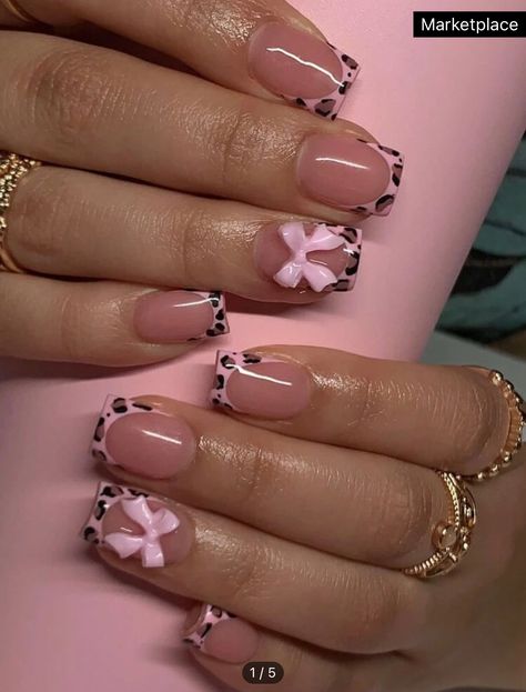 French Too Short Nails, Square Style Nails, Nail For Party, Pink Bow Nails Square, Easy Nails Square, Pink Leopard Print French Tip Nails, S Size Nails, Pink Leapord Print Nails, Square Leopard Print Nails