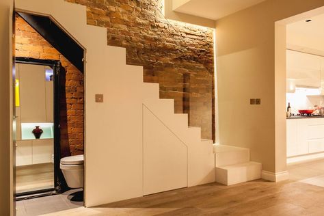 6 Feng Shui Solution Ideas for Bathroom Designs Toilet Under Stairs, Design Under Stairs, Kitchen Cabinets End Panels, Understairs Toilet, Stair Dimensions, Contemporary Hallway, Bathroom Under Stairs, Stairs Storage, Industrial Style Bathroom