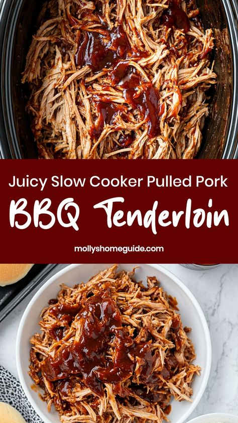 Indulge in the juicy and flavorful goodness of slow cooker pulled pork BBQ tenderloin! This easy-to-make dish is perfect for family dinners, gatherings, or meal prepping. Let your slow cooker do all the work as the tender pork loin cooks to perfection, seasoned with your favorite BBQ sauce. The melt-in-your-mouth texture and mouthwatering aroma will have everyone asking for seconds. Pork Loin Barbecue In Crockpot, Pork Tenderloin Pulled Pork Oven, Bbq Tenderloin Crockpot, Easy Shredded Pork Recipes Crockpot, Crock Pot Bbq Pork Tenderloin, Bbq Pork Tenderloin Recipes In Crockpot, Barbecue Pork Tenderloin Crockpot, Pork Tenderloin Shredded Crock Pot, Pull Pork Tenderloin Crock Pot