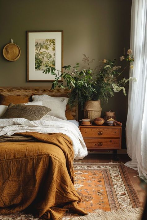 Modern Bedroom Palette, Orange Cozy Bedroom, Earthy Western Bedroom, Cozy Bedroom Color Palette, Inviting Bedroom Ideas, How To Add Warmth To A Room, Warm Tone Bedroom Aesthetic, Earthy Bedroom Design, Earthy Bedroom Color Palette