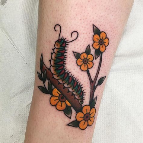 Cute little caterpillar for Shannen, thanks Shannen! @sanctuarytattoodundee for bookings please email daniellerosetattoo@gmail.com I’ll be… Cat Caterpillar Tattoo, Small Simple Traditional Tattoo, American Traditional Insects, American Traditional Caterpillar Tattoo, Traditional Tattoo Insect, Fish Lady Tattoo, Caterpillar And Butterfly Tattoo, Vertical American Traditional Tattoo, Traditional Vegetable Tattoo