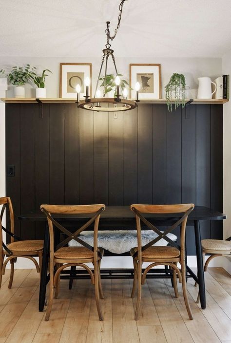 Statement Dining Room Wall, Black Panel Wall Dining Room, Dining Nook Accent Wall, Dark Accent Wall Kitchen, Boho Dining Room Accent Wall, Dining Accent Wall Ideas, Small Dark Dining Room, Panel Wall Dining Room, Dining Room Black Accent Wall