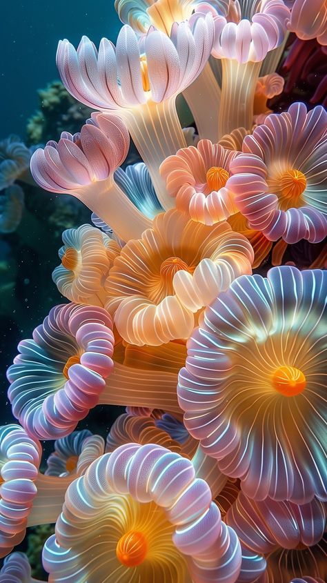 Dive into the underwater magic on your iPhone and Android screens with this luminescent sea anemone wallpaper. 🐠👀 Transform your device into a glowing oceanic experience that's just a tap away. Sea Coral Photography, Aquarium Wallpaper Iphone, Anenome Sea, Coral Wallpaper Iphone, Coral Aesthetic Ocean, Marine Life Wallpaper, Flowers Underwater, Anemone Wallpaper, Coral Reef Wallpaper