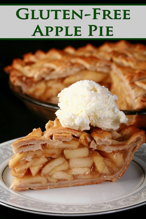 A slice of lattice top gluten free apple pie on a plate, in front of the rest of the pie. Gluten Free Apple Pie Crust, Gluten Free Apple Pie Filling, Gluten Free Apple Pie Recipe, Gluten Free Pies Recipes, Dairy Free Pies, Gluten Free Apple Pie, Traditional Apple Pie, Gluten Free Dairy Free Dessert, Apple Pie Filling Recipes