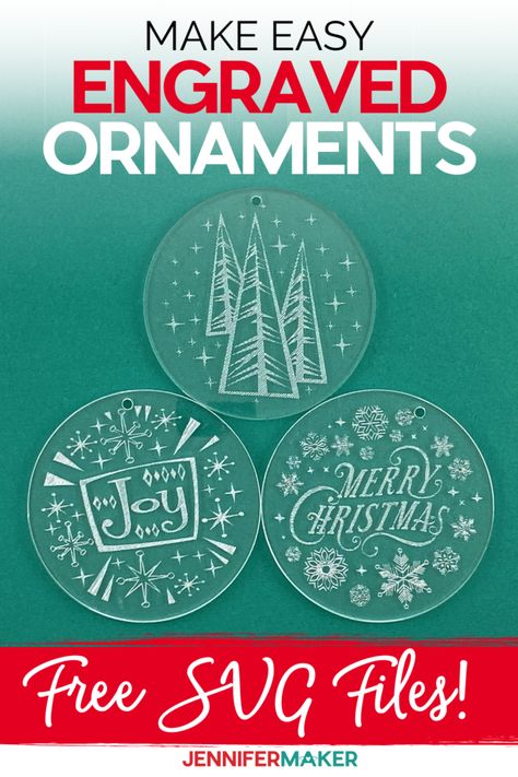 Using the Cricut Engraving Tool to personalized acrylic ornaments. These engraved ornaments are perfect to decorate your tree or give as a gift using our tutorial and free SVG files. Etched Acrylic Ornaments, Etched Ornaments, Ornaments Cricut, Cricut Engraving, Cricket Maker, Cricut Ornaments, Cricut Business, Engraved Christmas Ornaments, Jennifer Maker