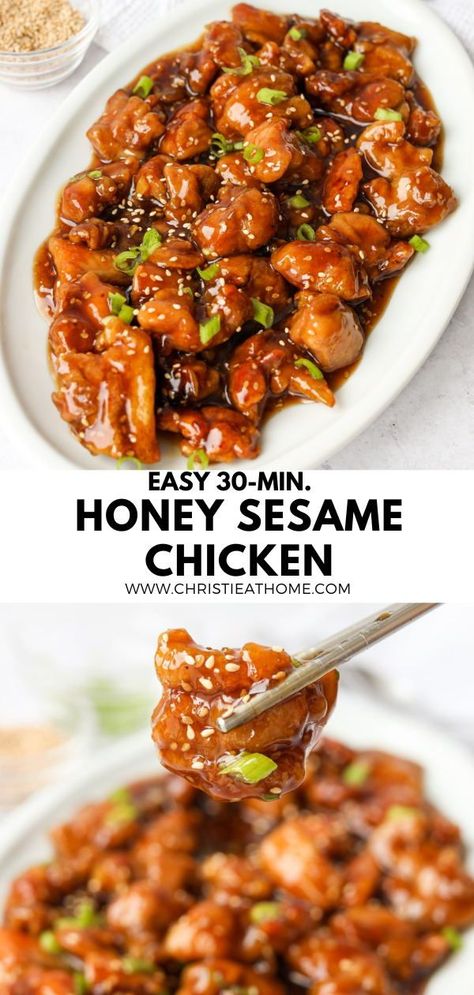 30-min. Easy Honey Sesame Chicken. Crispy fried chicken smothered in a sweet thick honey sesame sauce. A popular dish at Chinese restaurants for good reason! #easy sesame chicken recipe #easy honey garlic chicken #sesame chicken recipes Favorite Dinner Recipes, Easiest Recipes, Honey Sesame Chicken, Sesame Chicken Recipe, Honey Sesame, Mapo Tofu, Chicken Recipes Video, Chicken Easy, Favorite Dinner