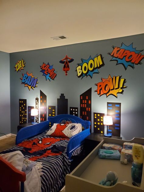 Superhero Themed Room, Spiderman Room Ideas Diy, Superhero Bedroom Paint Ideas, Superhero Themed Bedroom, Super Hero Bedroom Kids Rooms, Toddler Boy Room Superhero, Toddler Boy Superhero Bedroom, Boys Bedroom Ideas Age 4, Boy Kid Room Ideas