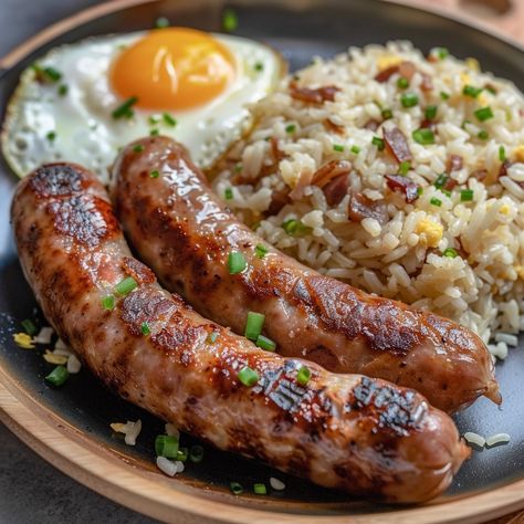 🍳 Enjoy the classic Filipino breakfast of Longsilog! 🍳✨ #Longsilog #FilipinoBreakfast Longsilog (Longanisa sausage with fried rice and egg) Ingredients: Longanisa sausages (8) Cooked rice (2 cups) Eggs (4) Garlic, minced (3 cloves) Cooking oil (2 tbsp) Salt and pepper to taste Instructions: Cook longanisa sausages in a pan over medium heat until browned and cooked through. Set aside. In the same pan, add cooking oil and sauté garlic until fragrant. Add cooked rice and stir-fry until heate... Garlic Egg Fried Rice, Longanisa Breakfast, Asian Sausage, Longsilog, Egg And Sausage, Breakfast Art, Filipino Breakfast, Garlic Fried Rice, Egg Fried Rice