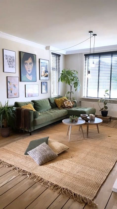 Cozy Neutral Apartment Aesthetic, Green And Wood Apartment, Apartment Decorating Earth Tones, Cool Living Room Designs, Earth Tones Design, Long Apartment Living Room, Glass Crockery Cabinet, Earthly Living Room, Minimal Earthy Living Room