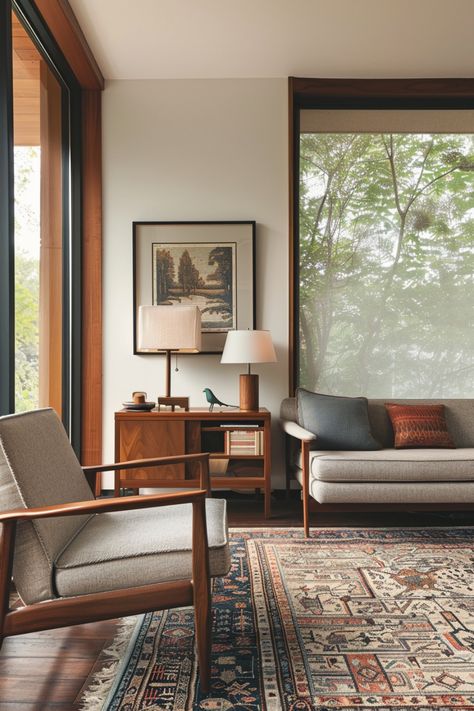 Create a stunning mid-century modern living room using these tips and ideas. Contemporary Mcm Living Room, Colonial Mid Century Modern, Midcentury Modern Living Room Grey Couch, Modest Living Room, Simple Modern House Interior, 60s Living Room Aesthetic, Midcentury Scandinavian Interior, Mid Century Modern Living Room Minimalist, Mid Century Modern Small Living Room