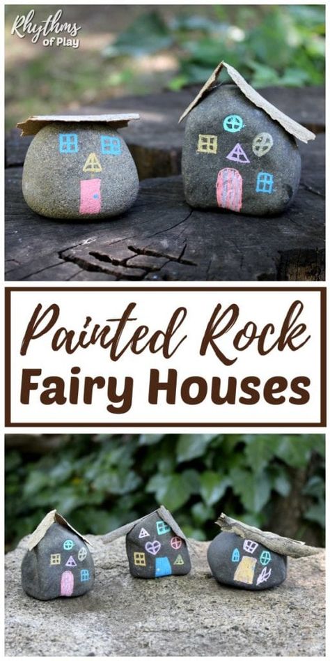 DIY Painted rock crafts like this fairy house craft are perfect for fairy gardens. Painted rock fairy houses for the garden are an easy nature craft for both kids and adults. #RhythmsOfPlay #PaintedRocks #RockCraft #FairyHouse #FairyGardenDIY #KidsCraft Fairy Houses Kids, Kids Fairy Garden, Rock Diy, House Craft, Fairy House Crafts, Garden Houses, Fairy Garden Crafts, Painting Creative, Painted Rocks Craft