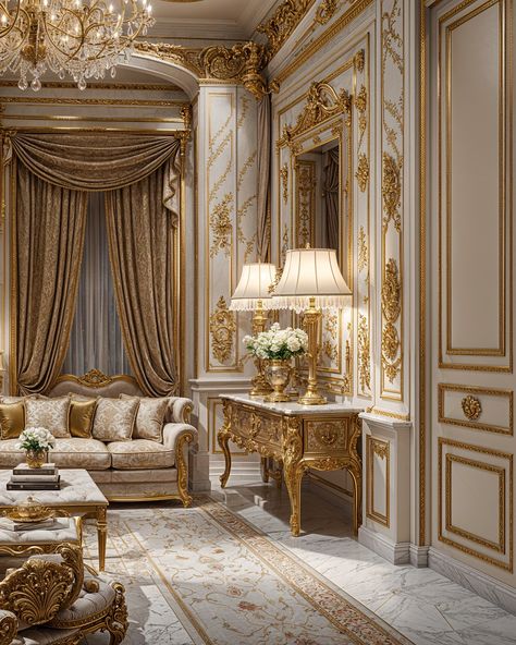 Royal Furniture Living Rooms, Royal House Interior, Royal Interior Design, Victorian Style Living Room, Luxurious House Interior, Royal Interior, Classical Living Room, Golden Furniture, Traditional Curtains