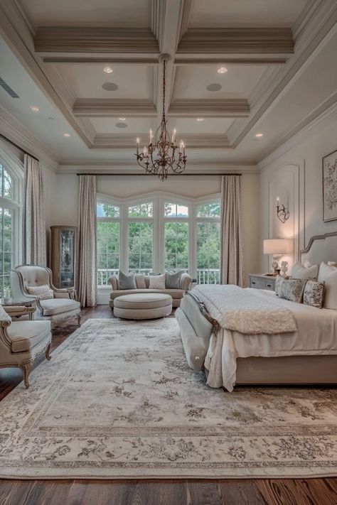 Big Room Ideas Bedrooms Master Suite, Luxury Master Bedrooms Decor Classy, Bedroom With Seating Area Master, Big Master Bedrooms Decor, Sitting Area In Bedroom Master Suite, Large Master Bedrooms Decor, Large Master Bedrooms, Master Suite Decor, Long Bedroom