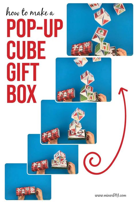 Easily make this amazing DIY Christmas gift box with your Cricut! The pop-up cubes leaping out will delight whoever opens it! #papercraft #cricut #cricutmakerproject #handmadeChristmas Explosion Box Card Ideas, Christmas Box Cricut, Pop Open Box Diy, Diy Pop Up Money Card, Diy Exploding Gift Box Pop Up, Pop Up Money Box Card, Popup Box Diy, Pop Up Boxes Diy, Exploding Money Box Diy