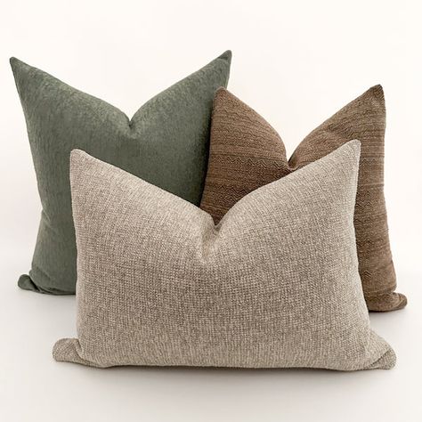 Shop decorative pillow covers made by us for your design. Enjoy a wide selection of colors and patterns for unlimited design possibilities. Green Couch Pillows Ideas Color Schemes, Portfolio Moodboard, Light Gray Couch, Vibey Apartment, Blankets And Pillows, Pillow Combos, Throw Pillows Living Room, Neutral Pillows, Home Decor Sets