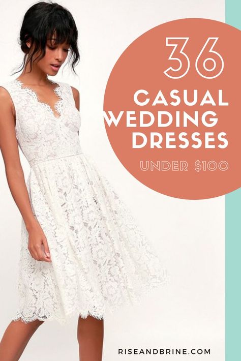 Finding an affordable casual wedding dress, such as a short wedding dress, boho wedding dress, or a flowy beach wedding dress for under $100, doesn't need to be a challenge. You can find a well-made, elegant, but casual wedding dress for under $100 if you know where to look. Most Simple Wedding Dress, Casual Bridal Gown, Short Wedding Dresses For Women Over 50, Casual Wedding Dress Not White, Comfortable Wedding Dress Casual, Small Backyard Wedding Dress Simple, Summer Simple Wedding Dresses, Casual Vow Renewal Dress, Casual Wedding Dress For Second Marriage