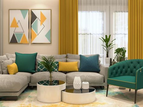 Yellow Curtains Living Room, Latest Sofa, Sofa Design Ideas, Latest Sofa Designs, Colourful Living Room Decor, Yellow Living Room, Colourful Living Room, Curtains Living, Home Design Living Room