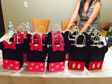 #diy Mickey and Minnie Mouse Goodie Bags! #1stbirthday Mickey Mouse Birthday Gift Bags, Twins Mickey And Minnie 1st Birthday, Mickey Mouse Birthday Goodie Bags, Minnie Mouse Goodie Bags Diy, Mickey Mouse Goody Bags, Minnie And Mickey Birthday Party, Mickey And Minnie Birthday Party, Loot Bag Ideas, Goodie Bag Ideas