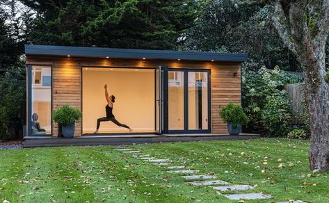 Bespoke garden room, yoga space. Garden Home Gym Ideas, Garden Yoga Room, Garden Room With Sauna, Home Gym Outbuilding, Yoga Garden Space Backyard, Yoga She Shed, Garden Gym And Sauna, Garden Office Room, Gym Garden Room