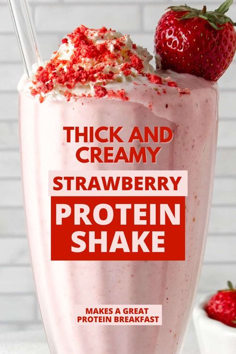 With 27g protein and only 200 calories, this Strawberry Protein Shake is perfect for weight loss, muscle gain, or a delicious protein snack! Only 4 ingredients! Easy, quick, high protein breakfast. Protien Shake Recipes, Vanilla Protein Shake Recipes, Protein Powder Recipe, Fruit Protein Shakes, Strawberry Protein Shake, Strawberry Protein Smoothie, Easy Protein Shakes, Homemade Protein Shakes, Breakfast Shakes Protein