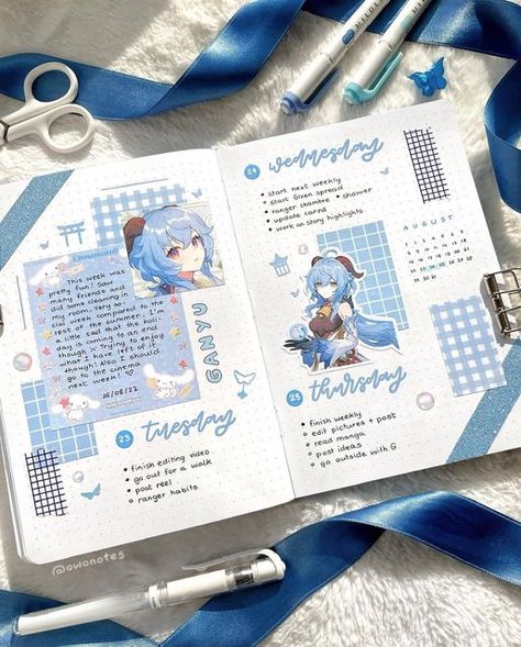 Anime Journal Genshin Impact, Blue Aesthetic Design For Journal, Bujo Design Ideas, Sketchbook Covers Aesthetic, Character Scrapbook Ideas, Genshin Journal Ideas, Weekly Journal Spread, Journal Design Aesthetic, Character Journal Ideas