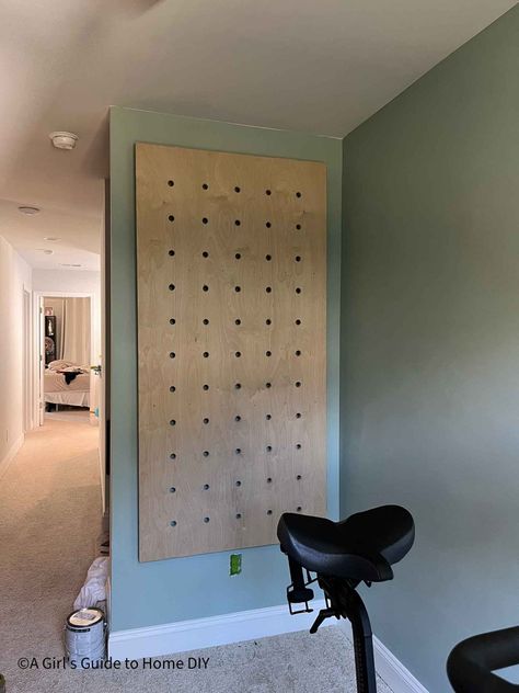 Oversized Pegboard Wall, Diy Giant Pegboard Wall, Diy Large Pegboard Wall, Diy Giant Pegboard, Peloton Pegboard, Large Pegboard Wall, Peg Board Wall Ideas, Giant Pegboard Wall, Gym Pegboard