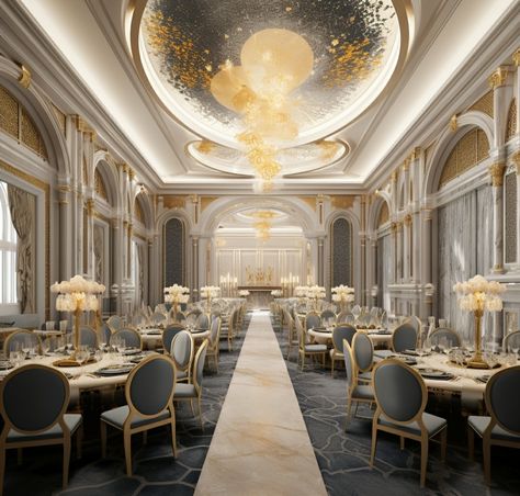 **banquet hall interior design for a seven star hotel of size feet and height 10 feet, grand luxury palace type, roman design for walls, parametric false ceiling, carpet flooring, futuristic roman, luxury, unique, HD Futuristic Roman, Interior Design Hd, Roman Design, Luxury Palace, Wedding Banquet Hall, Hotel Room Interior, Hall Flooring, Function Hall, Lobby Interior Design