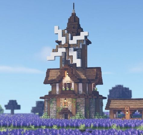 Mc Windmill Ideas, Cute Fantasy Minecraft Builds, Minecraft Sawmill Ideas, Minecraft Villager Bell Ideas, Windmill Minecraft Ideas, Minecraft Medieval Windmill, Mc Windmill, Minecraft Windmill House, Minecraft Telescope Build