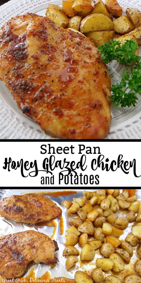 Sheet Pan Chicken and Potatoes is a simple dinner recipe that requires few ingredients and is quick to throw together. Sheet Pan Chicken And Potatoes, Honey Glazed Chicken, Chicken And Potatoes, Sheet Pan Chicken, Sheet Pan Dinners Recipes, Honey Glazed, Glazed Chicken, Simple Dinner, Chicken Potatoes