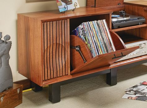 Turntable Console | Woodworking Project | Woodsmith Plans Turntable Furniture Design, Vinyl Console, Turntable Console, Vinyl Record Furniture, Vinyl Record Room, Vintage Stereo Console, Vinyl Record Cabinet, Turntable Furniture, Record Console