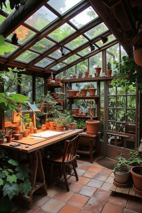 Sit In Greenhouse, Plant Room Greenhouse, Greenhouse Sitting Room, Greenhouse Tiny House, Greenhouse Office Space, Greenhouse Art Studio, Cottage With Greenhouse, Greenhouse Room In House, Garden Studio Interior