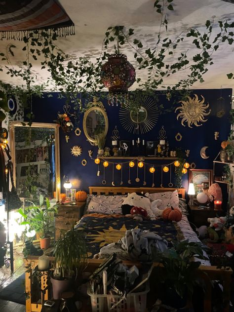 My new room! Bedroom Wall Purple, Cool Painted Walls Bedroom, Room Ideas Whimsical, Purple Grunge Bedroom, Purple Wall Bedroom Aesthetic, Blue Whimsigoth Room, Moon And Sun Bedroom Ideas, Blue And Gold Celestial Aesthetic, Comfortcore Aesthetic