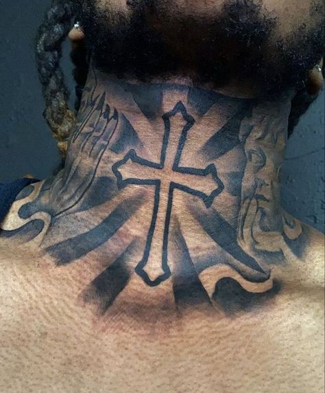 2024's Trendiest Men's Neck Tattoos: Find Your Style & Inspiration Cross Throat Tattoo Men, Best Throat Tattoos Men Design, Jason Neck Tattoo, Nice Neck Tattoos For Men, Godly Neck Tattoos, Trust None Neck Tattoo, Memorial Neck Tattoos For Men, Edgar With Tattoos, Humble Neck Tattoo