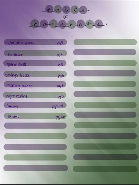 Purple and green digital bullet journal table of contents Table Of Contents Design Aesthetic, Table Of Contents Aesthetic, Bullet Journal Table Of Contents, Journal Table Of Contents, Table Of Contents Design, White Notebook, Aesthetic Journaling, Year In Pixels, Digital Bullet Journal