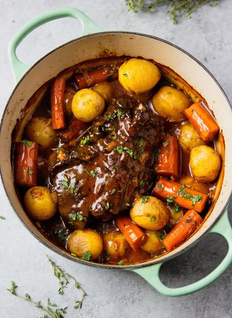 This Classic Pot Roast includes all the crave-worthy elements that make pot roast a family favorite, including melt-in-your-mouth meat, potatoes, carrots, and a rich, warming broth. Cook it in the oven, Instant Pot, or slow cooker! Pot Roast Crock Pot Recipes Half Baked Harvest, Shredded Pot Roast Crock Pot, Small Pot Roast In The Oven, Red Wine Pot Roast Instant Pot, Moist Pot Roast In Oven, Dutch Oven Pot Roast Recipes Red Wines, Slow Roasted Pot Roast In Oven, Pot Roast With Balsamic Vinegar, Flavorful Roast Crock Pot