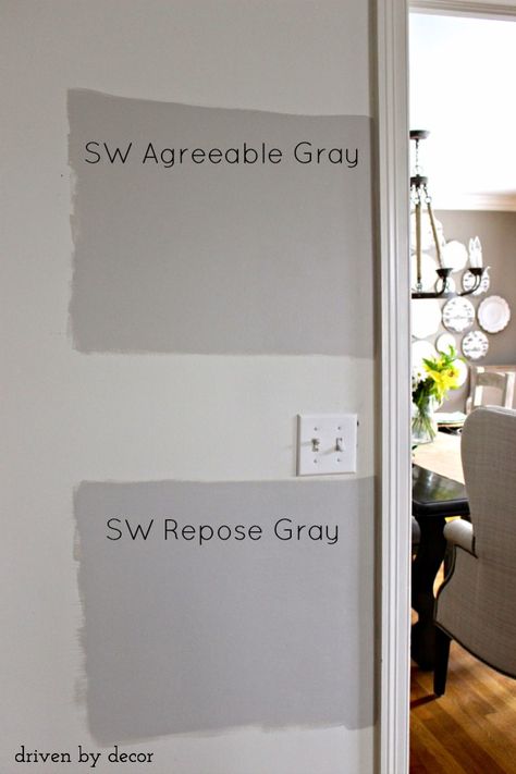 Sherwin Williams Agreeable Gray versus Repose Gray - two great gray paint colors! Sherwin Williams Grey, Add Painting, Sherwin Williams Agreeable Gray, Sw Repose Gray, Agreeable Gray Sherwin Williams, Gray Paint Colors, Interior Paint Colors Schemes, Chalk Ideas, Driven By Decor