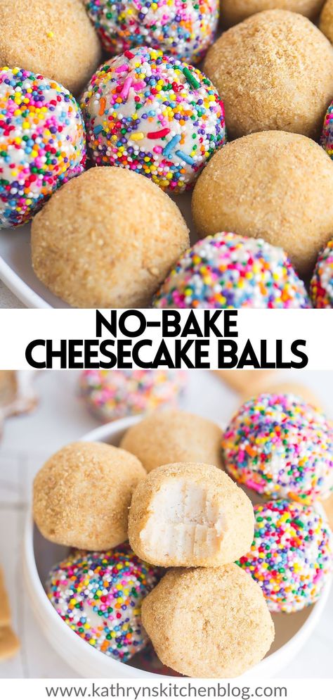 This no bake Cheesecake Balls recipe is made with simple ingredients and resembles a classic cheesecake in a bite-sized form! Made with a creamy cheesecake filling, graham cracker crumbs, and your favorite toppings! Fun Yummy Desserts, No Bake Cheesecake Pops, No Bake Cheesecake Cake Pops, Easy Desserts Cheesecake, Graham Cracker Deserts, Desert Balls Cream Cheeses, What To Make With Cheesecake Filling, Easy Munchies Snacks Simple, No Bake Little Debbie Cheesecake