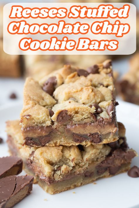 Reeses Peanut Butter Cups Cookie, Reeses Stuffed Chocolate Chip Cookies, Reeses Stuffed Cookie, Stuffed Cookie Bars, Chocolate Chip Cookies With Reeses Peanut Butter Cups, Chocolate Chip Cookies With Reeses Cups, Dessert With Reeses Cups, Dessert Recipes Reeses, Reeses Cookie Bars