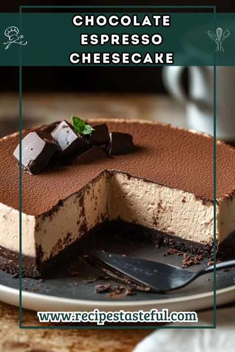 Indulge in this rich and creamy Chocolate Espresso Cheesecake, featuring a delectable chocolate and coffee flavor combination. Perfect for chocolate lovers, this no-bake dessert is easy to make and sure to impress! Baked Coffee Cheesecake, Expresso Cheesecake No Bake, No Bake Dark Chocolate Cheesecake, Chocolate Winter Desserts, Coffee Cheesecake No Bake, Mexican Hot Chocolate Cheesecake, Chocolate Espresso Cheesecake, Espresso Cheesecake Recipes, Coffee Cheesecake Recipes