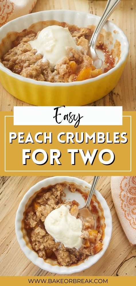 Peach Crumbles for Two are perfect for those last couple of peaches in your kitchen. Whip up these quick and easy individual crumbles for a wonderful summer dessert to share with your favorite peach lover! You only need about a cup of chopped or sliced peaches to make these darling desserts and the are so quick and easy. Single Peach Crisp, Personal Peach Crisp, 2 Peaches Recipes, Quick Easy Peach Dessert, Peach Crisp Healthy Easy Recipes, Peach Crisp For 2, Peach Crisp In A Mug, Fast Peach Dessert, Peach Crisp With Fresh Peaches For Two