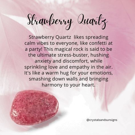 Strawberry quartz has a gentle, soothing energy that promotes love, positivity, and inner peace. It is said to help balance emotions, enhance intuition, and attract love and abundance into your life. 🍓💖 This beautiful crystal is perfect for anyone looking to heal their heart and connect with their emotions. #StrawberryQuartz #HealingProperties #LoveAndAbundance #reddeerwellness #reddeergemstoneshop #gemstoneshop #albertagemstoneshop Pink Jade Meaning, Crystals For Periods, Strawberry Quartz Crystal Meaning, Crystals To Attract Love, Strawberry Quartz Meaning, Mindful Crafts, Crystal Grimoire, Crystal Magick, Jade Meaning