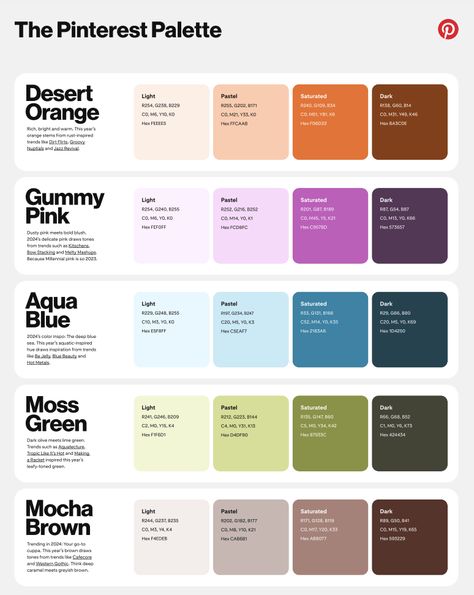 Color Palette | Introducing The Pinterest Palette 2024: Colors to Get Creative With | Decoist Pinterest Color Palette, App Color Pallete, Canva Color Pallete Code, Canva Color Palette Hex Codes, Trending Color Pallets 2024, Trending Color Palettes 2024, Color Palette For App Design, Canva Colour Palettes Code, Gen Z Color Palette 2024