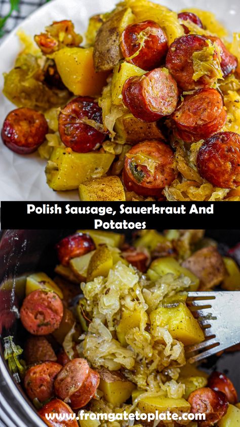 Sausage Potato And Sauerkraut, Sauerkraut Kielbasa Crockpot, Polish Sausage Sauerkraut Recipes, Polish Sausage With Sauerkraut, Keilbasa Recipes Sauerkraut, Sourkraut And Sausage Potato Soup, Kielbasa Sourkrout And Potatoes, Sour Krout And Kielbasa, Polish Sausage And Sauerkraut Stovetop